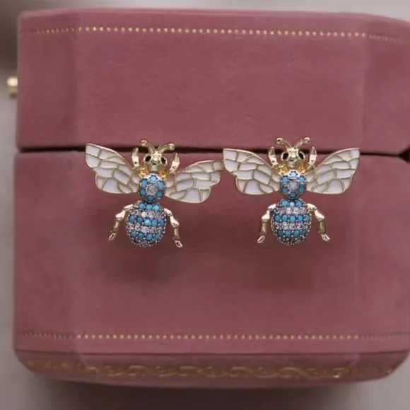 Gold Bee Earrings with Blue and White Accents - Picture 3 of 5